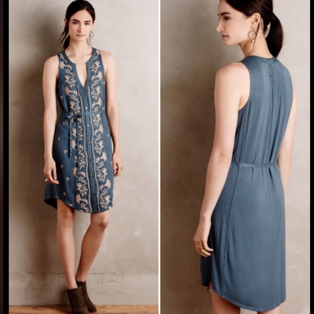 Sleeveless Blue Embroidered V-Neck Dress
